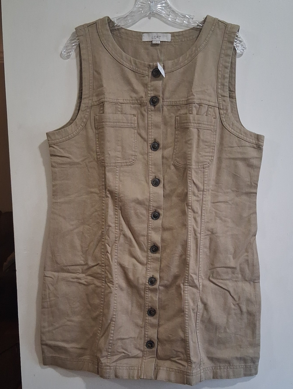 NWT LOFT Tan Button-Front Sleeveless Shift Dress